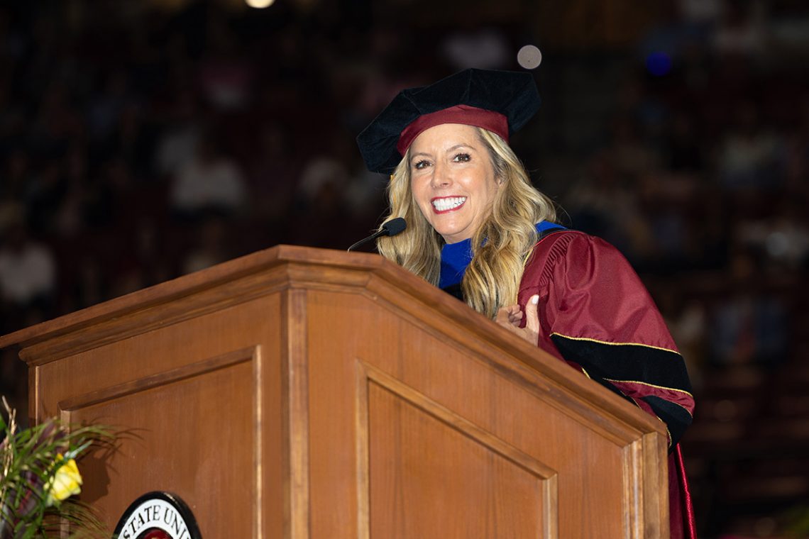 Sara Blakely speaks from the stage during Florida State University’s Spring 2026 commencement ceremony.