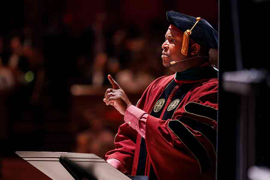 Dr. Anthony Speights, senior associate dean for medical education and academic affairs, broke from the ceremonial as he donned a wireless microphone and delivered the commencement address facing the class.