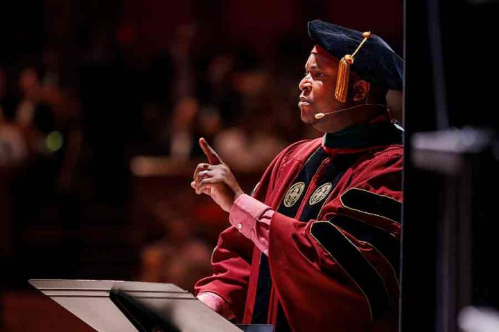 Dr. Anthony Speights, senior associate dean for medical education and academic affairs, broke from the ceremonial as he donned a wireless microphone and delivered the commencement address facing the class.