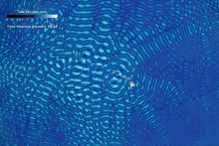 A NASA data visualization showing internal tides data around the Hawaiian Islands.