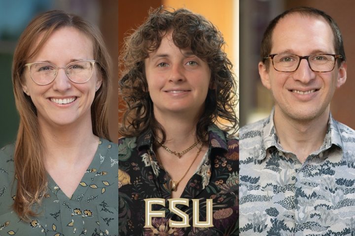 Three people are pictured in a triptych headshot format with the 