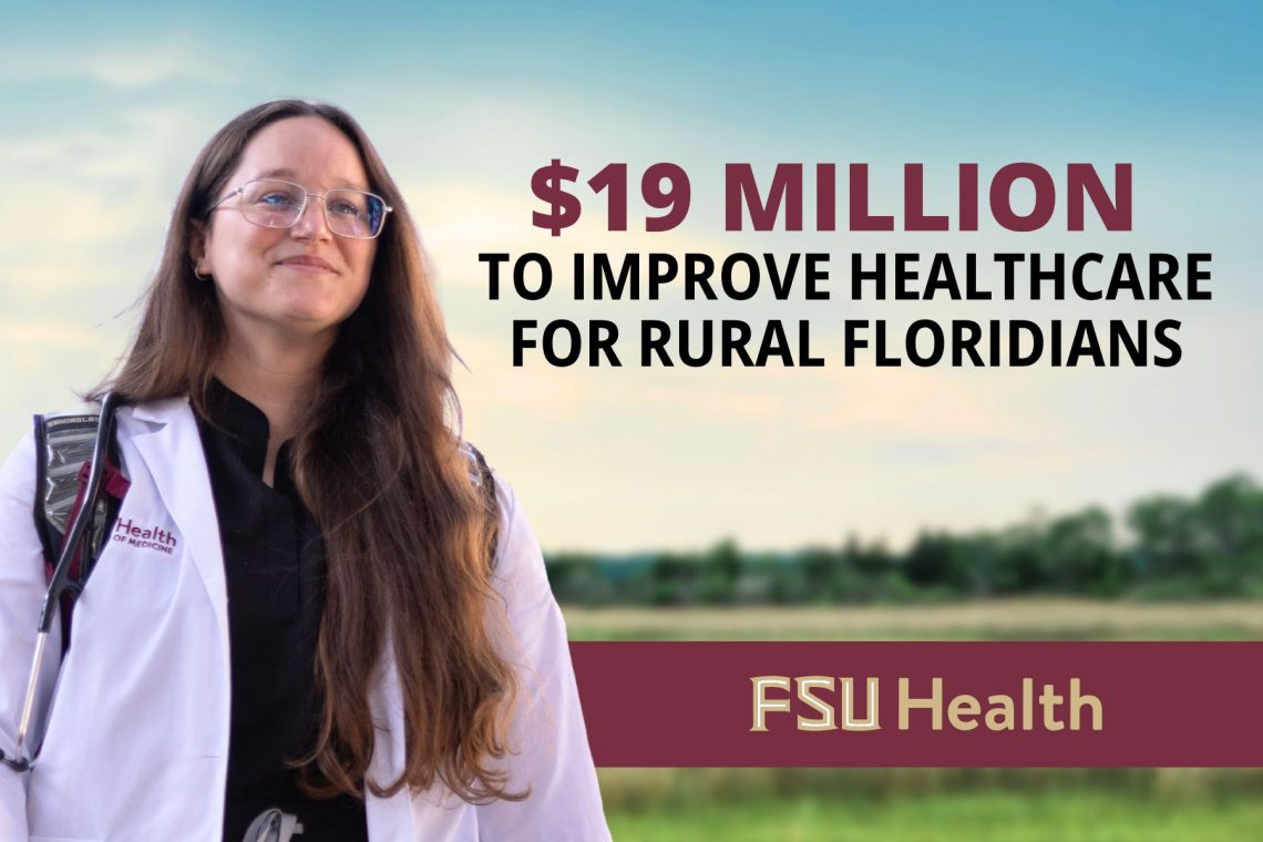 A female healthcare worker wearing glasses and a white lab coat standing outdoors with text reading 
