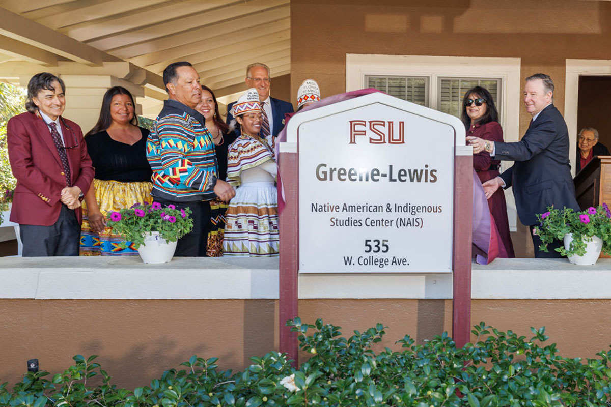 FSU administrators, faculty, trustees and Seminole Tribe members celebrate the new Native American and Indigenous Studies Center, 2024