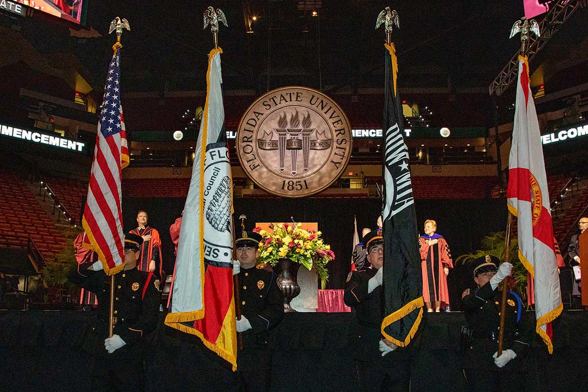 Seminole Tribe color guard at FSU ceremony