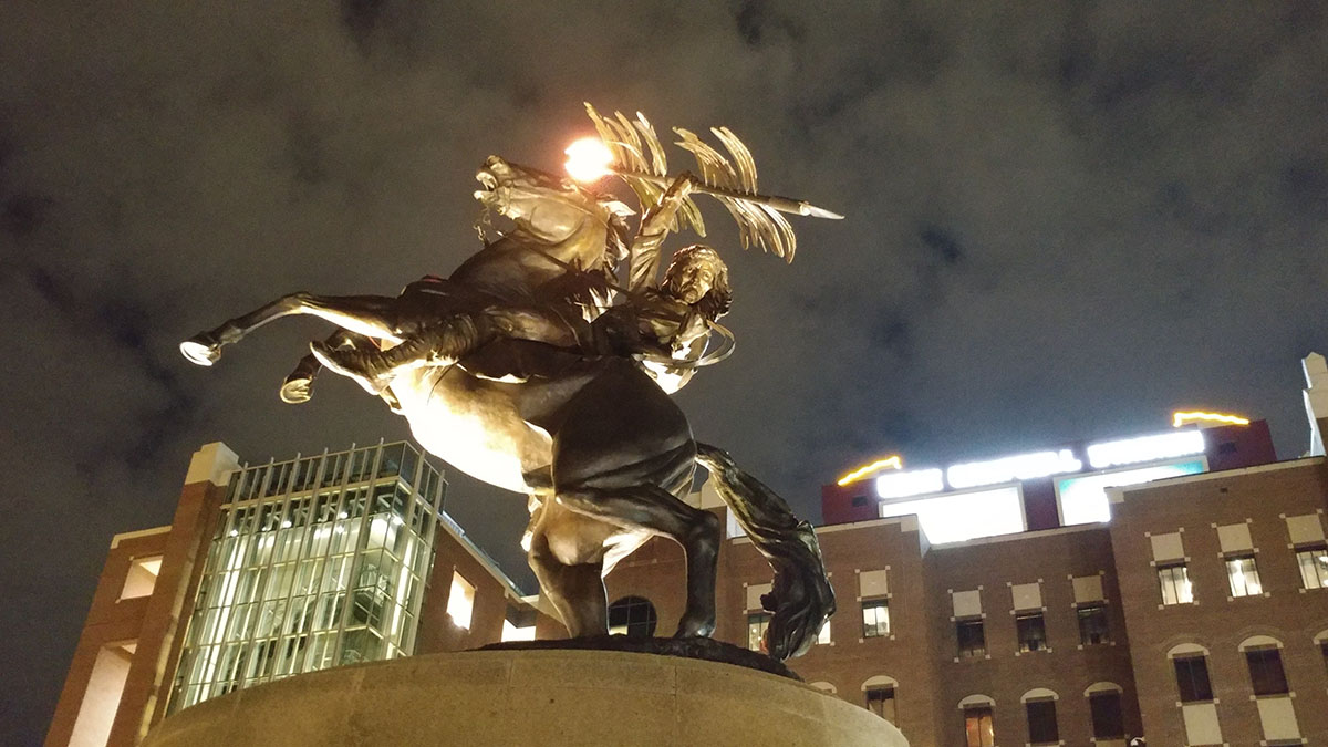 Unconquered bronze statue of Seminole warrior on horseback at FSU