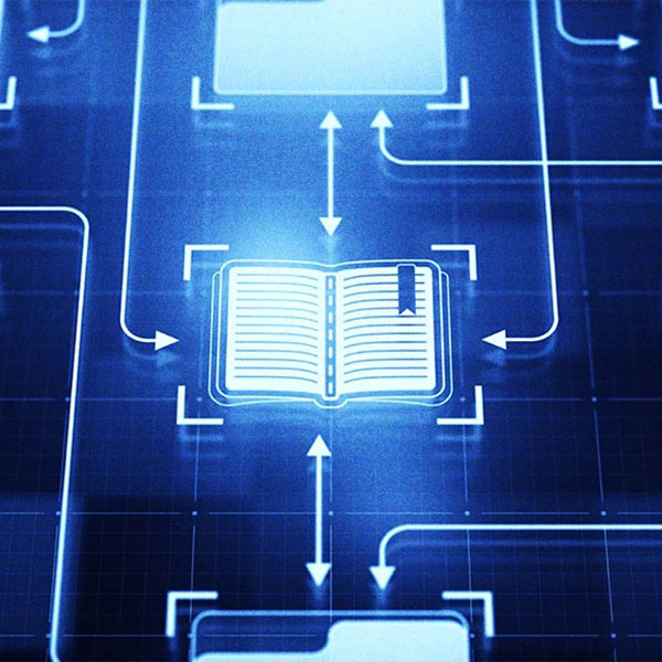 Digital illustration of a glowing open book connected by arrows and network pathways, symbolizing structured knowledge and data flow