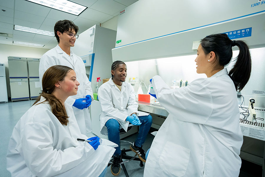 Four members of FSU's iGEM team in lab coats gather around a fume hood, observing as a teammate examines a sample under the lab lighting