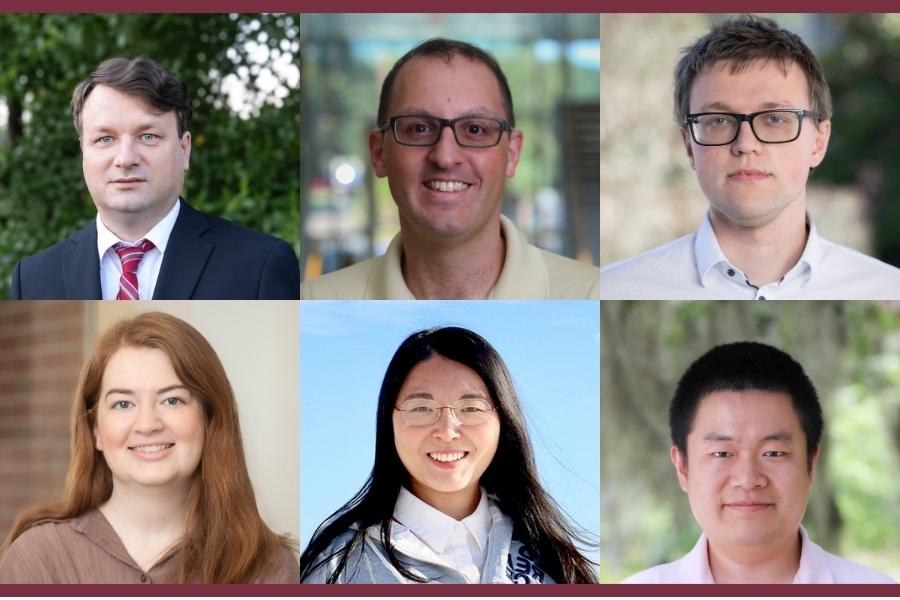 Photos of the six faculty members to receive NSF CAREER Awards. Clockwise from top left: Michael Gubanov; Douglas Storace; Cyprian Lewandowski; Kai Zhao; Xiaonan Zhang; and Amy Webster.