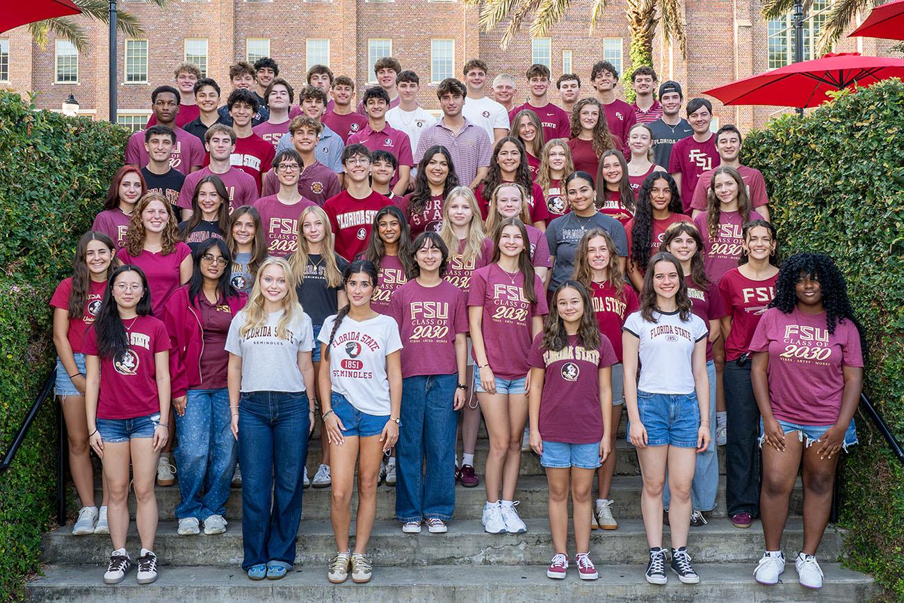 Photo shows new Presidential Scholars gathered in a stairwell on campus.