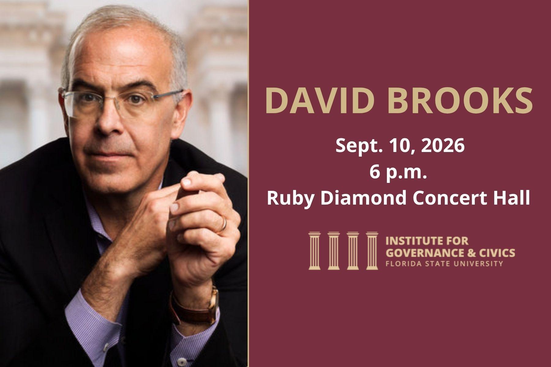 Graphic shows a photo of David Brooks with details about the event. 