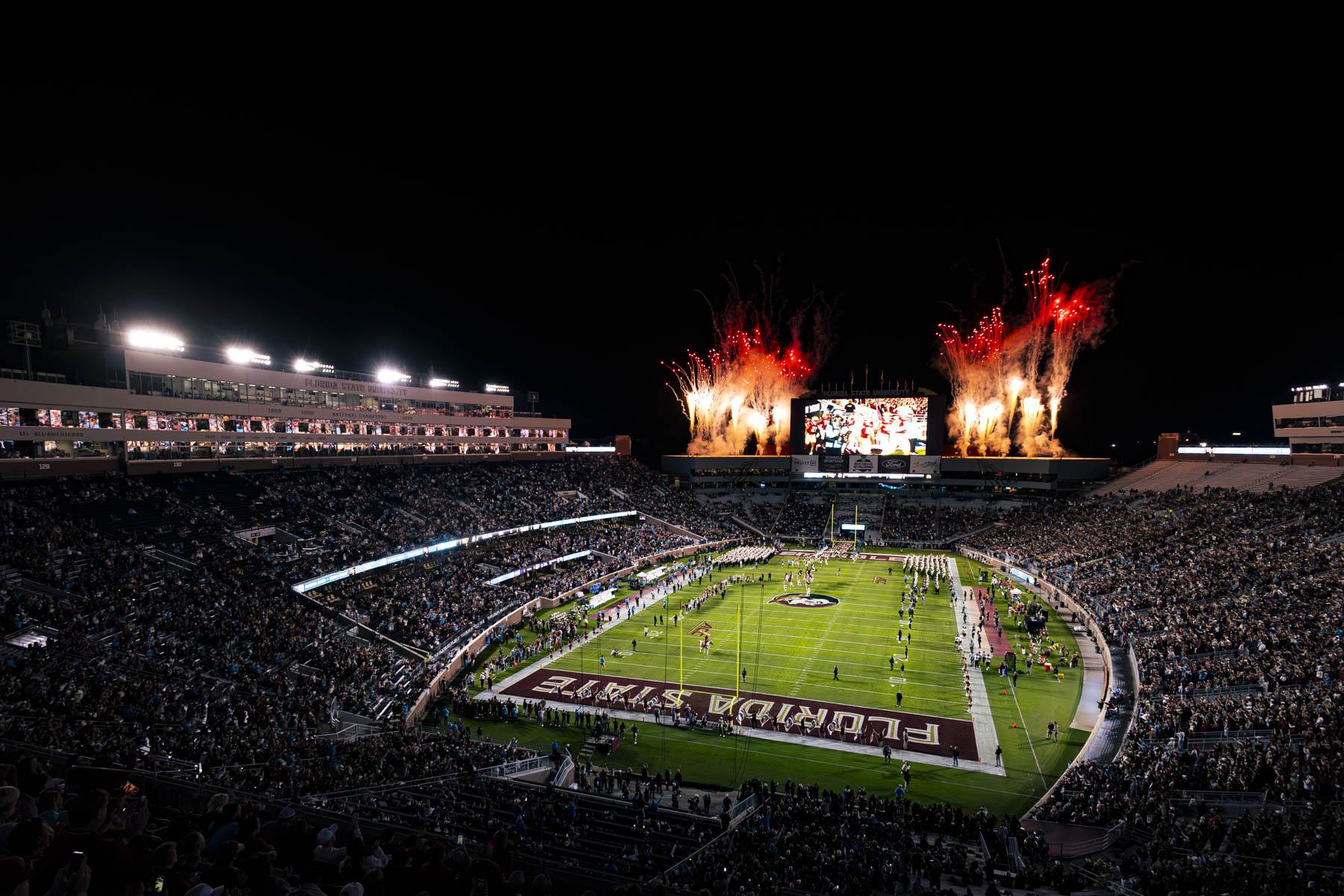 Nighttime shot of inside Doak Campbell.