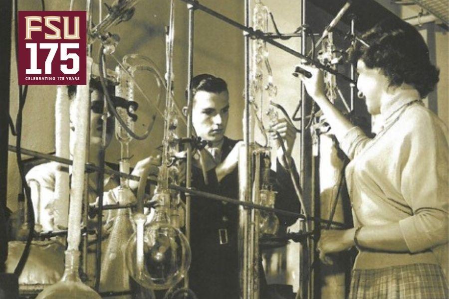 Students work in a Florida State University chemistry lab after the university's transitions to a co-educational institution.