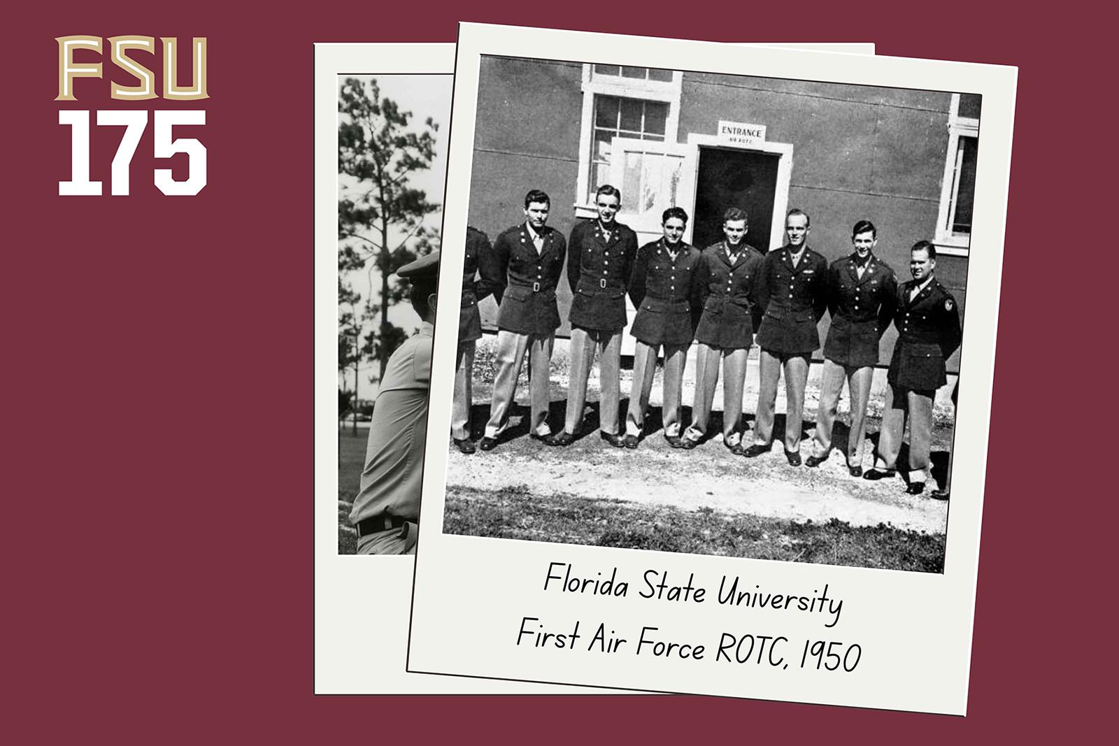 FSU 175 graphic with overlapping vintage black-and-white photos, including a group of Florida State University Air Force ROTC cadets standing outside a building, labeled ‘Florida State University First Air Force ROTC, 1950.